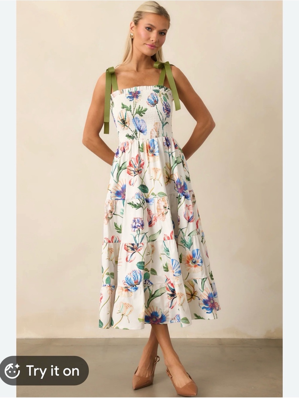 NWT women’s Prosperina Aurea Midi Floral Dress with Olive Satin Tie Straps